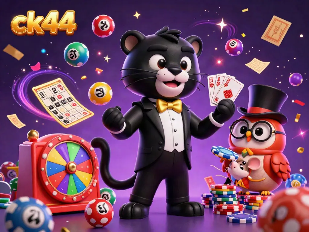 Experience the vibrant gaming scene of ck44 with a stylish panther, owl, and mouse amidst lottery and casino elements.