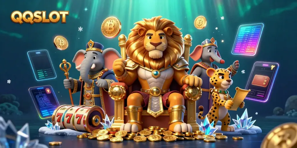 Experience the thrilling QQSLOT adventure with vibrant casino elements and dynamic characters.