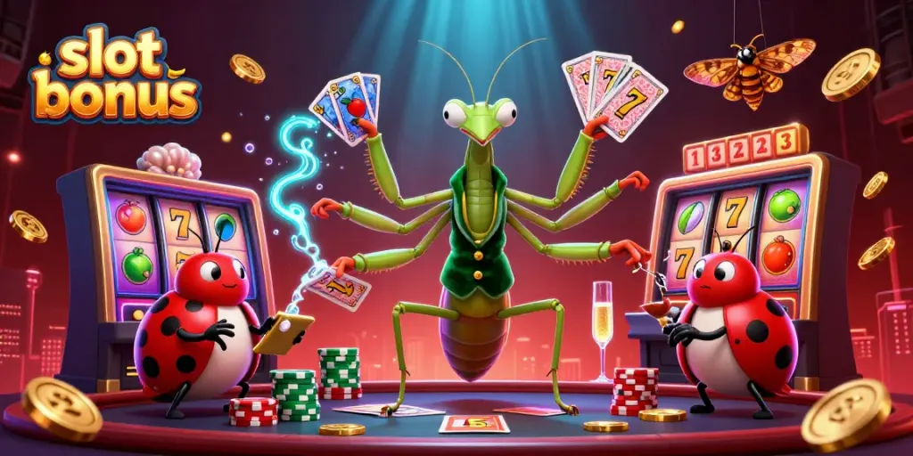 Engaging scene featuring a praying mantis card sharp and ladybug pit boss celebrating slot bonuses with gold coins.