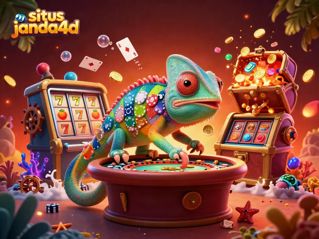 Gambarkan suasana situs janda4d dengan pemilik kasino chameleon yang menarik perhatian dengan uang emas dan elemen permainan slot yang berwarna-warni.