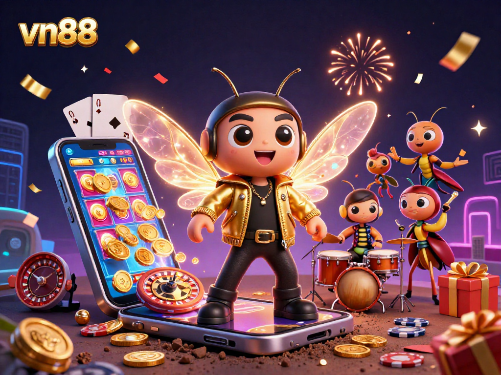 Experience vn88's gaming excitement with a dazzling 3D illustration of lively casino characters and elements.