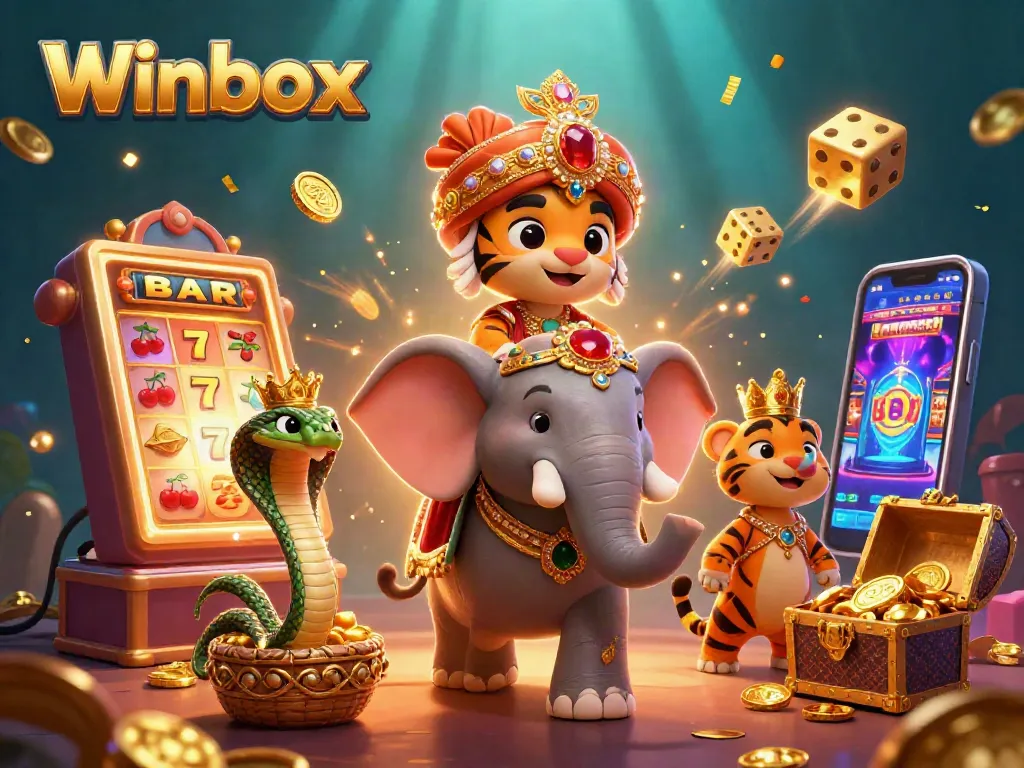 Winbox promotes thrilling gaming experiences with a 3D scene of dynamic casino elements and vibrant characters.