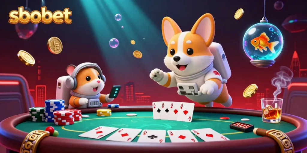 Experience thrilling sbobet gameplay with a floating 3D astronaut corgi at a vibrant casino.