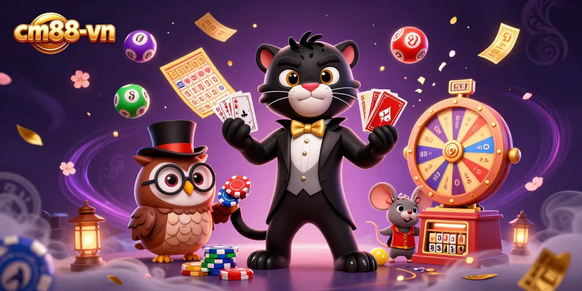 Experience thrilling gaming at cm88-vn with a delightful illustration of a tuxedoed panther, owl, and mouse.