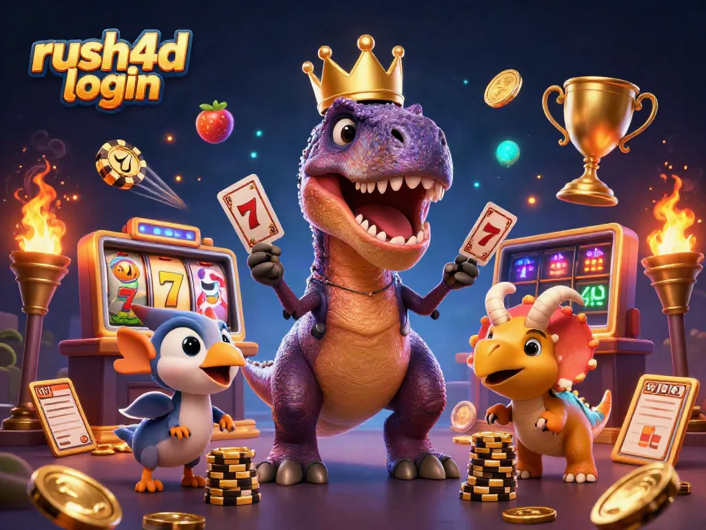 Permainan rush4d login dengan T-Rex, pterodactyl, dan triceratops dikelilingi elemen mesin slot yang berkilauan.