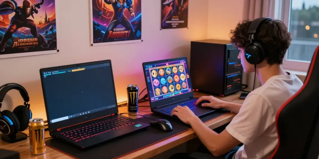 Engaging scene of a gamer trying out ทดลองสล็อต on a laptop in a cozy gaming nook.