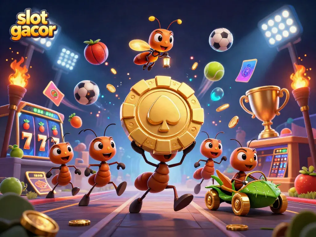 Permainan slot gacor ditampilkan dengan karakter kartun 3D tim semut mencuri chip poker emas.