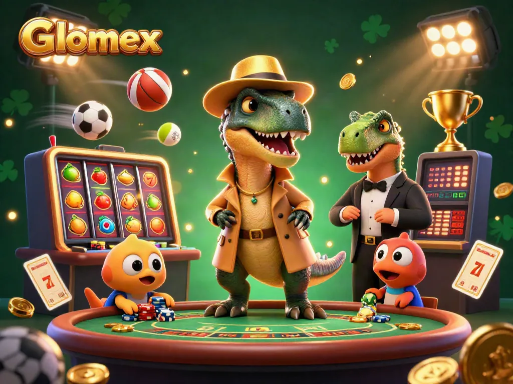 Glomex showcases a vibrant 3D casino scene with a clever velociraptor card counter amid dynamic slot reels.