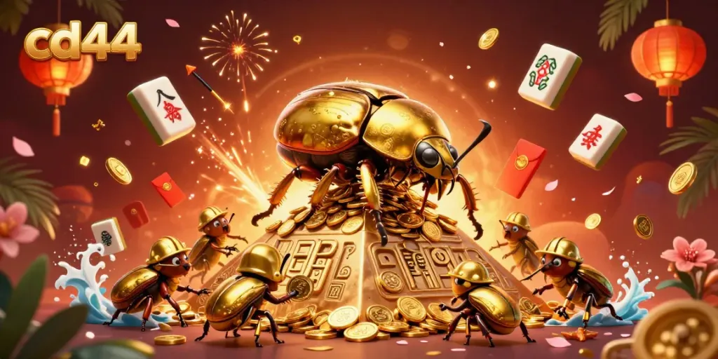 Engage in exciting casino gameplay featuring cd44 with a golden beetle rolling coins and festive elements