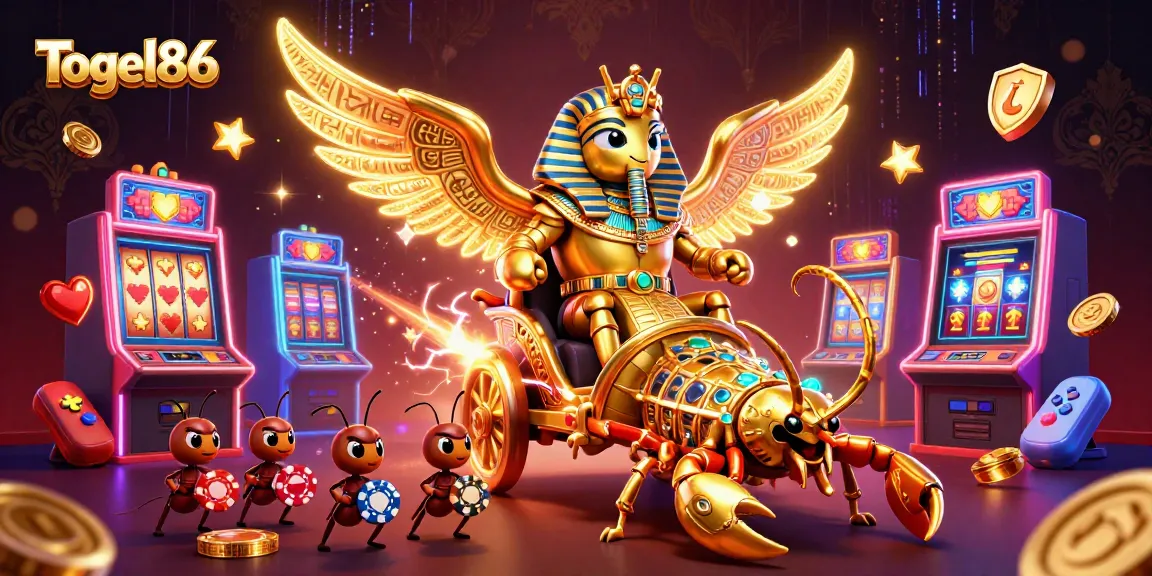 Togel86 presents a vibrant 3D illustration of a colossal scarab and scorpions amidst slot machines celebrating big wins.