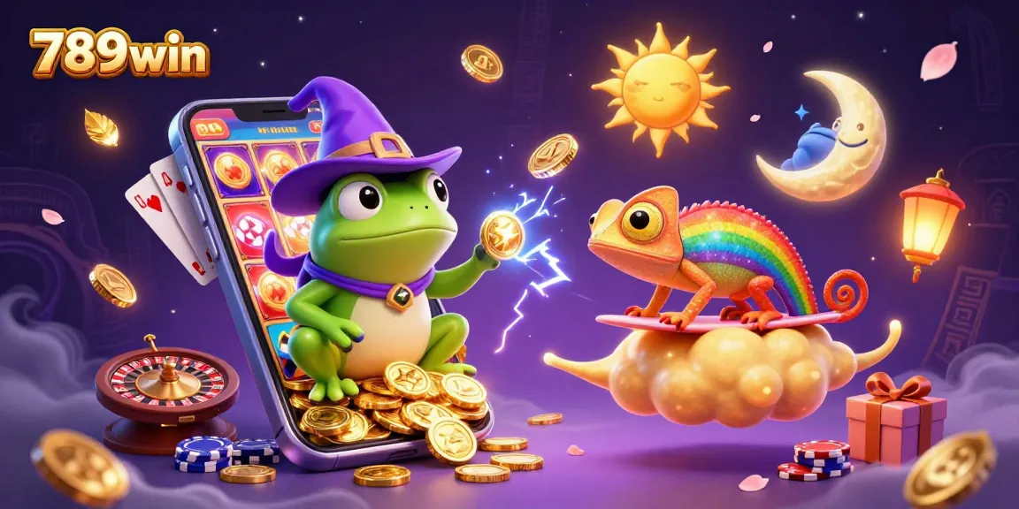 Experience thrilling wins with 789win in a vibrant casino illustration full of gold coins and games.