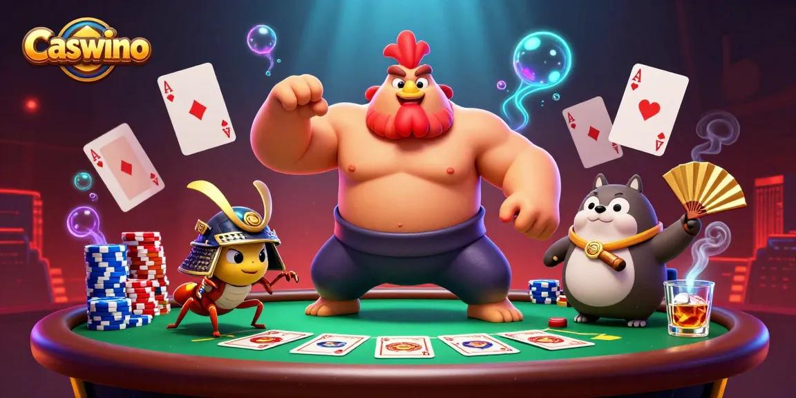 Caswino casino features a vibrant 3D sumo rooster and samurai cricket battling at a poker table.