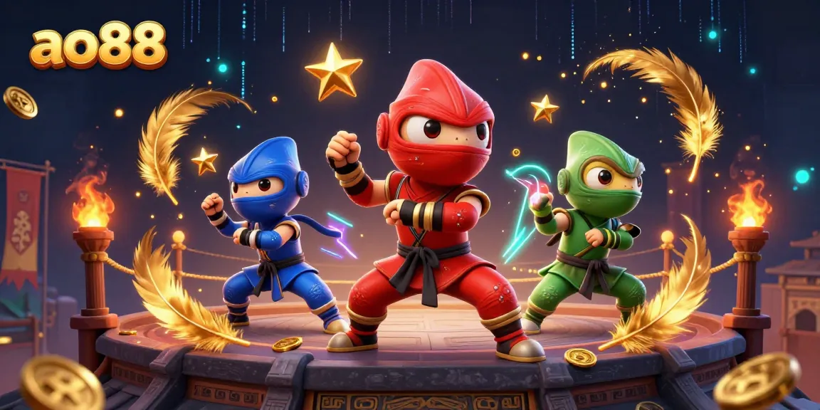 Three chameleon ninjas showcasing synchronized martial arts for ao88 in an action-packed casino scene.