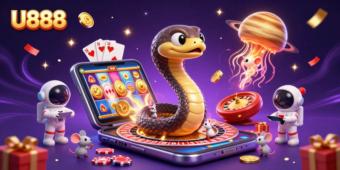Experience exciting bets at U888 Casino with a vibrant 3D illustration of gameplay and cosmic themes.