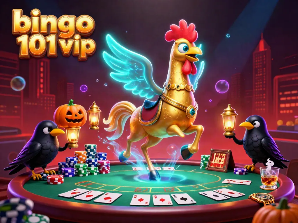 Engage with bingo 101 vip in a vibrant casino scene featuring golden rooster, poker elements, and luminous effects.