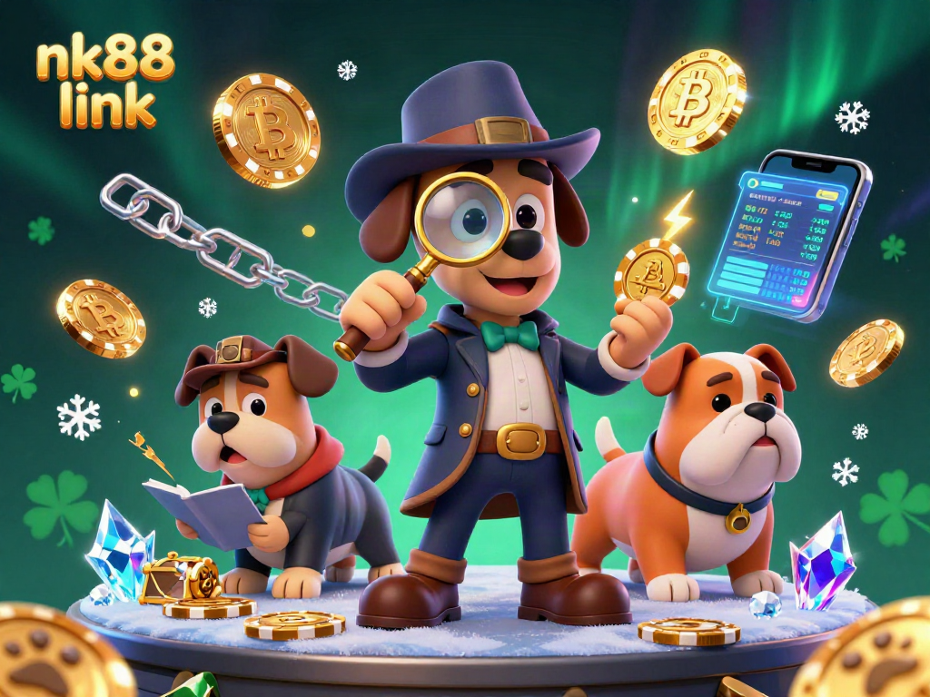 Investigate winning strategies with nk88 link in a vibrant gambling illustration featuring crypto elements.