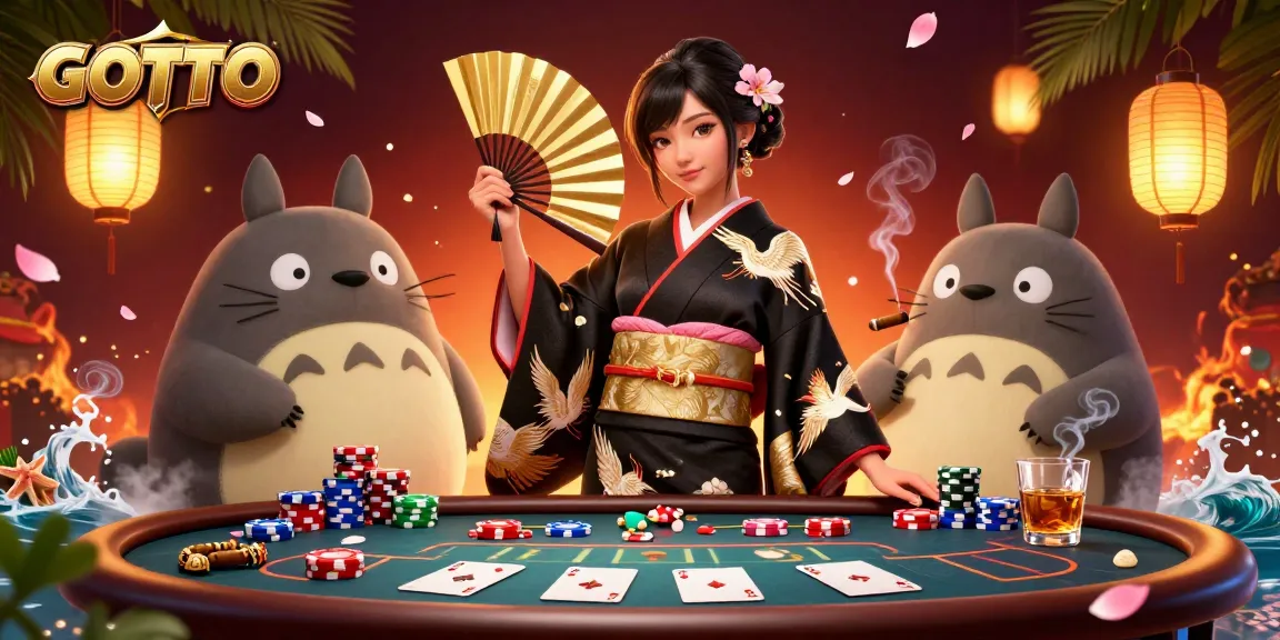 Rasakan kegembiraan di GOTOTO dengan karakter 3D dikelilingi oleh elemen poker yang semarak.