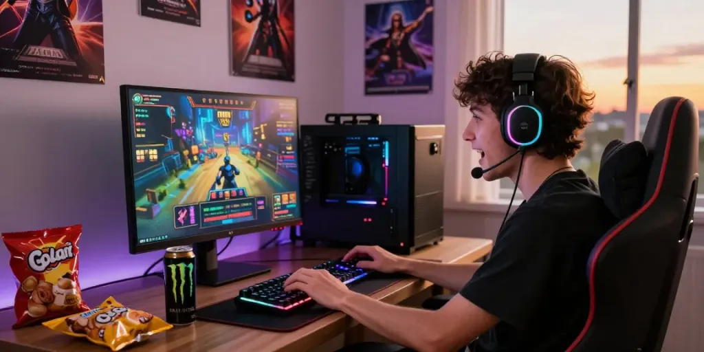 Player enjoying slot gacor on a vibrant gaming setup with snacks and energy drink in a cozy atmosphere.