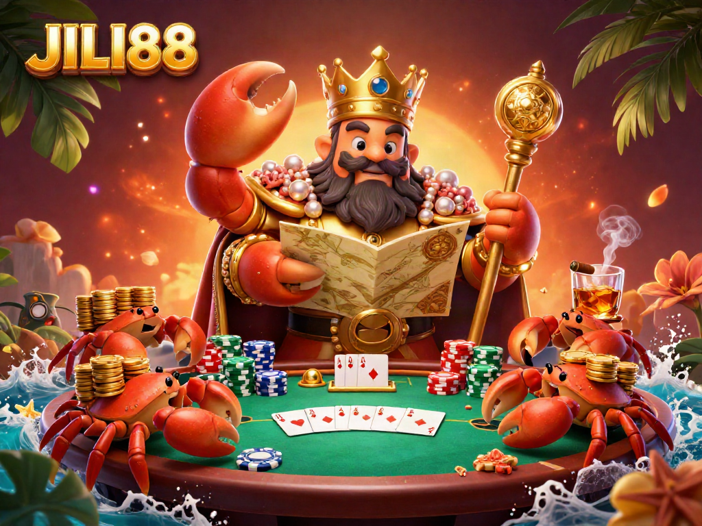 Engage in high-stakes poker with JILI88 featuring a crab emperor, chests of chips, and a vibrant casino scene.