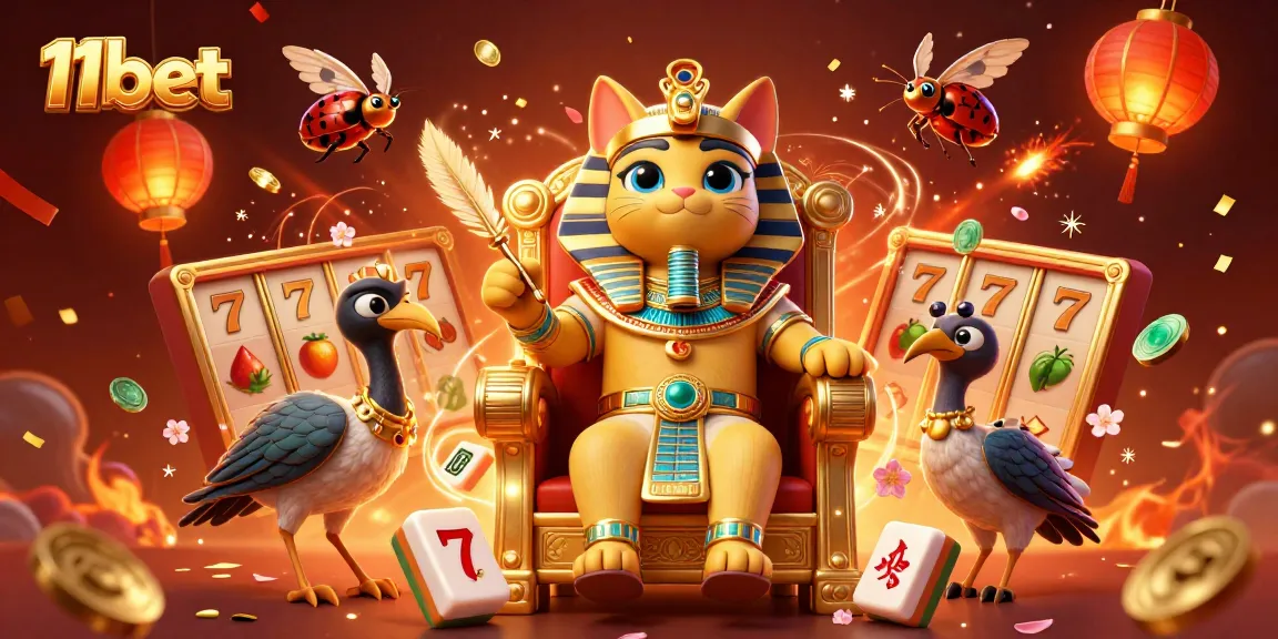 Engage with 11bet's vibrant casino scene featuring a royal pharaoh cat, slot reels, and exciting fireworks.