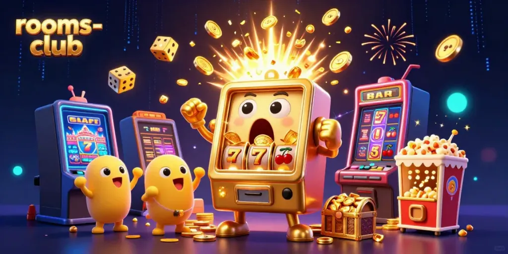 Mesin slot dan popcorn bersorak merayakan jackpot di rooms-club