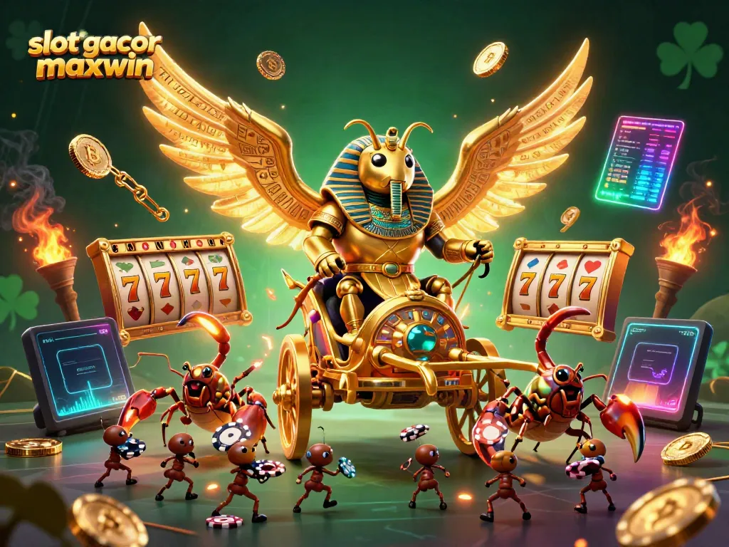Engage with slot gacor maxwin features amid golden scorpion chariots and illuminating slot reels.