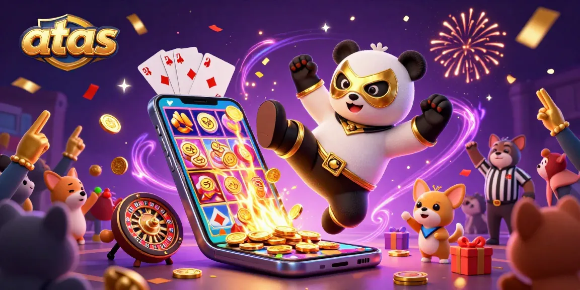 Engage at atas casino with a thrilling scene of a wrestler panda and cheering crowd amid dynamic gaming elements.