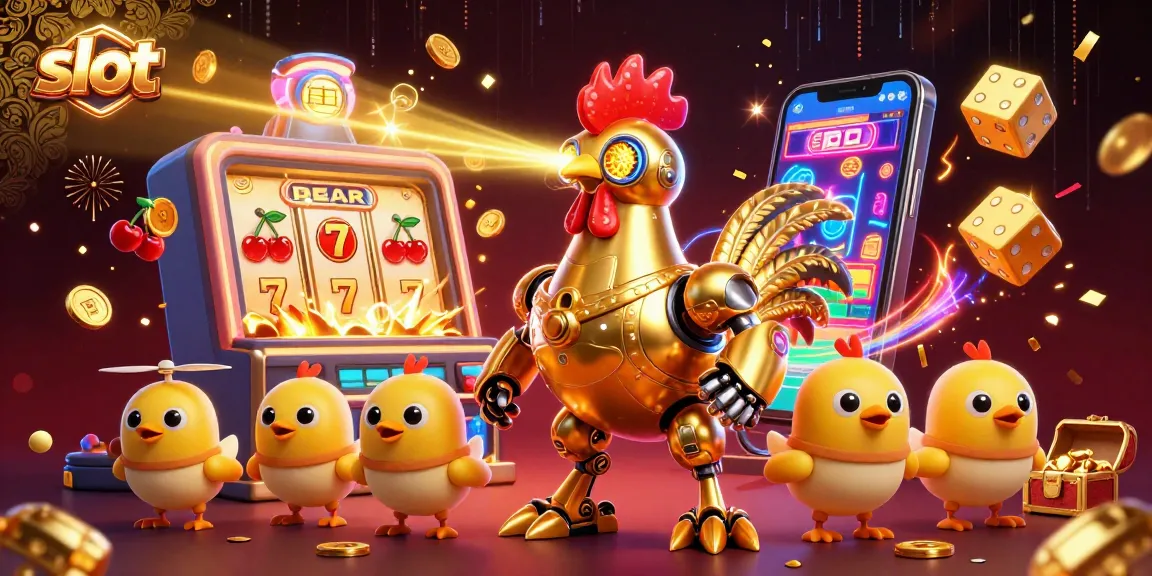 Engage with thrilling slots as a golden robot shoots beams, surrounded by exciting casino elements.