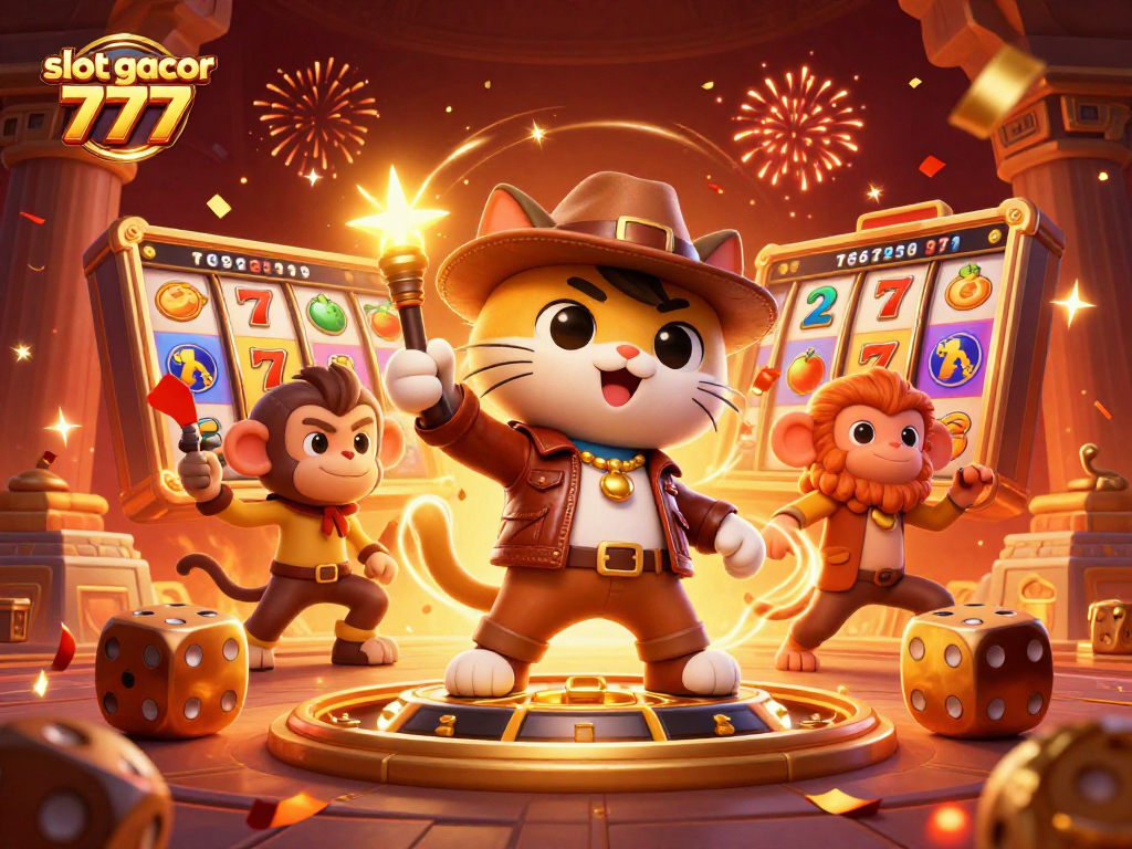 Play thrilling slot gacor 777 as animated characters discover golden artifacts among vibrant casino elements.
