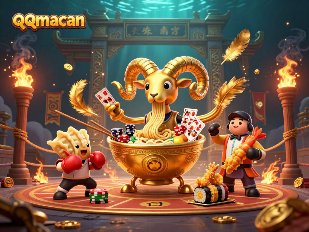 qqmacan showcases a giant ramen bowl character dealing cards in an energetic casino scene