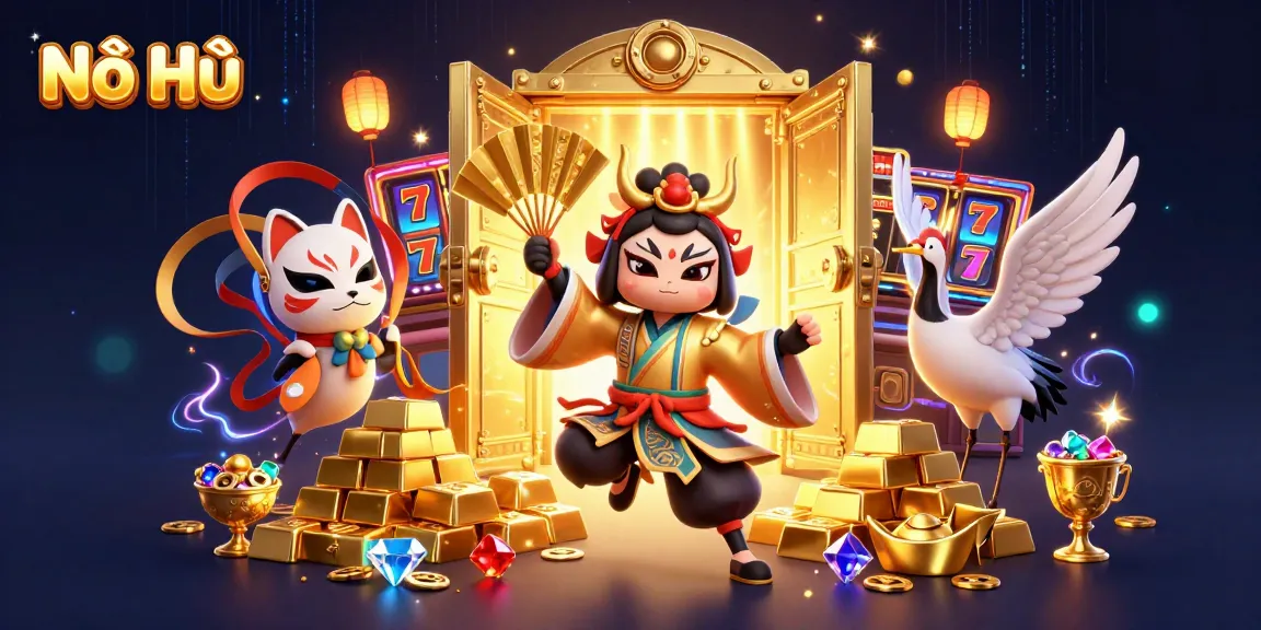 Nổ Hũ players spin slot machines alongside a kabuki warrior and theatrical kitsune in a vibrant 3D casino.
