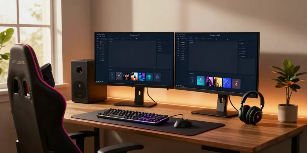 Luxury111 gaming setup showcasing a modern dual monitor interface for online gaming.
