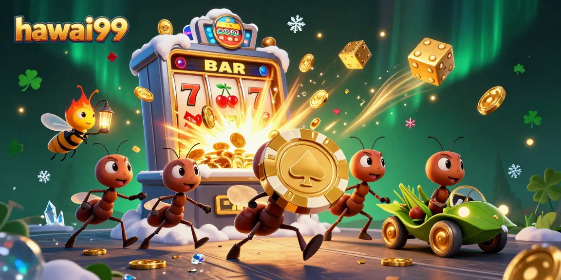 Engage with hawai99 as teams of ants steal golden poker chips amid vibrant casino elements.
