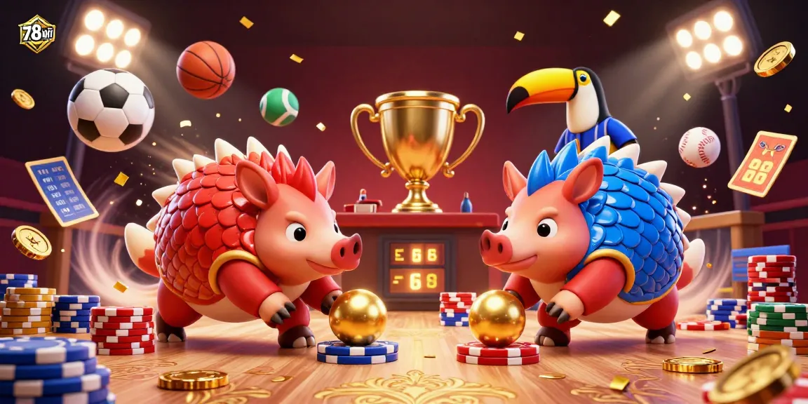 Engage with exciting action at 78win as pangolins roll into golden balls and poker chips amid vibrant sports-themed elements.