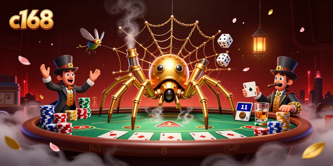 Witness thrilling gaming action with c168 as a golden spider ensnares dice amidst vibrant poker elements.