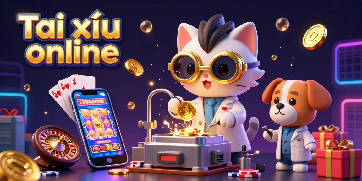 Engage in Tài xỉu online with this vibrant 3D illustration showcasing a mad scientist cat and a dog assistant amid casino elements.