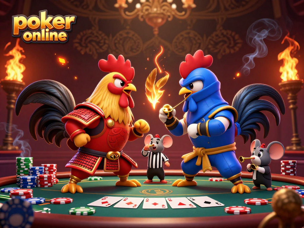 Poker online dengan ilustrasi ayam jantan bertarung dalam tema kasino yang dramatis