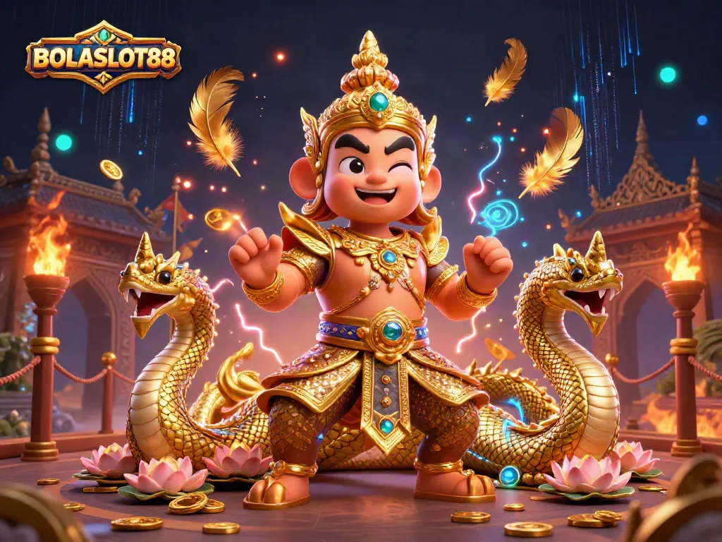 BOLASLOT88 features a vibrant 3D scene with a golden guardian and Naga serpents, showcasing exciting casino elements.