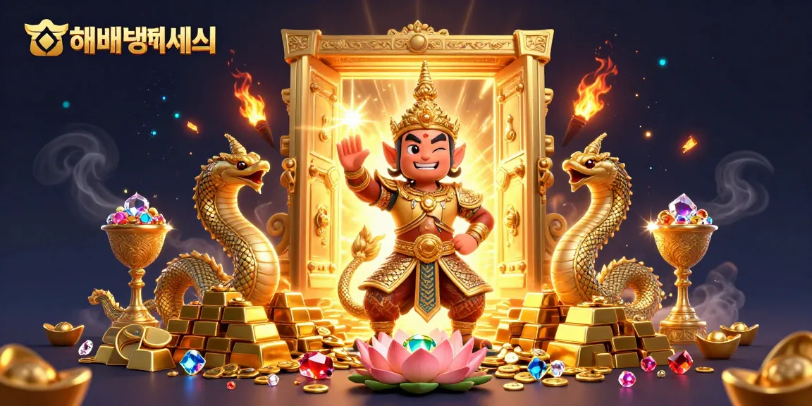 Engage with 해외배팅사이트 showcasing a vibrant 3D scene filled with a Thai guardian and golden treasures.