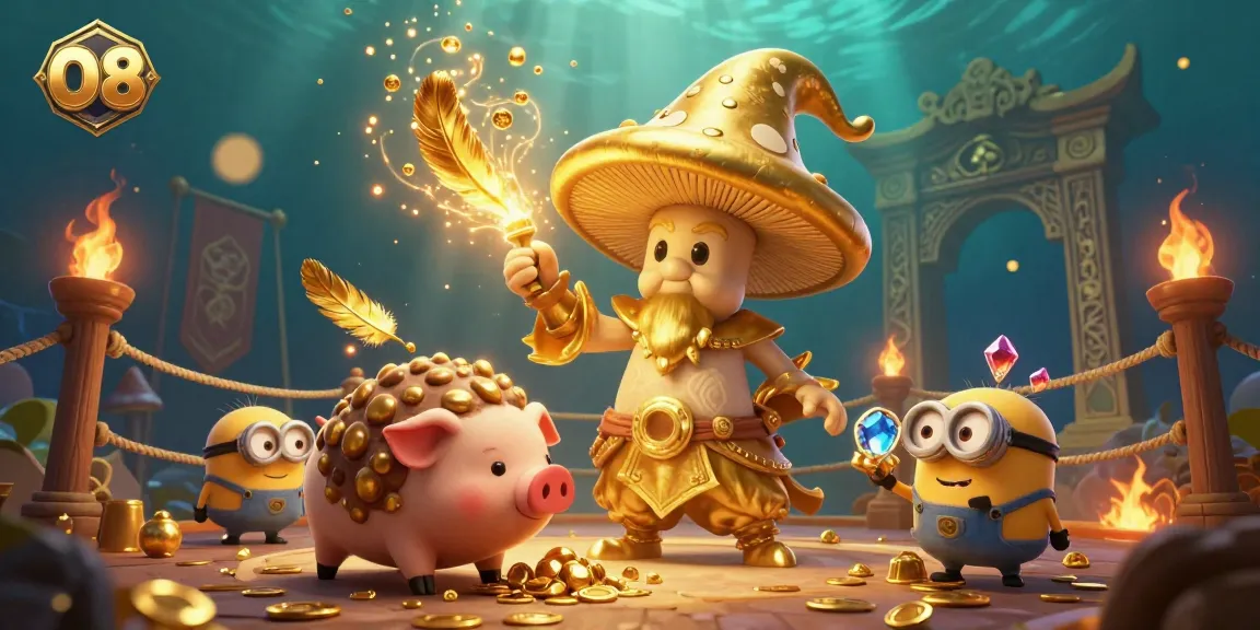 Experience the magic of O8 with the golden wizard's enchanting spells turning treasures in this casino-themed illustration.