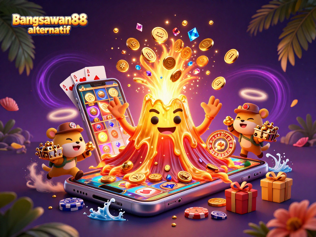 Featuring bangsawan88 alternatif, a vibrant 3D scene of a golden volcano erupting coins, showcasing slot games and poker, celebrating player wins.