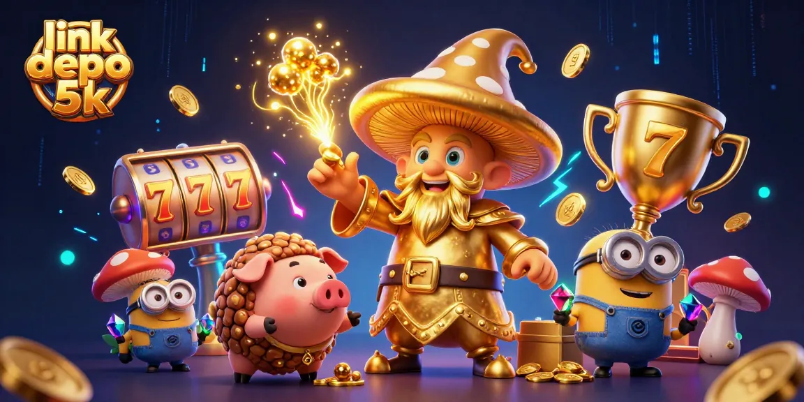Experience winning spins with link depo 5k, dynamic 3D illustration showcasing slot reels, riches, and magic.
