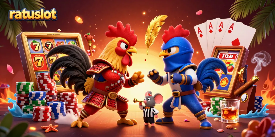Experience thrilling gameplay with ratuslot showcasing dynamic roosters, slot symbols, and vibrant casino elements.