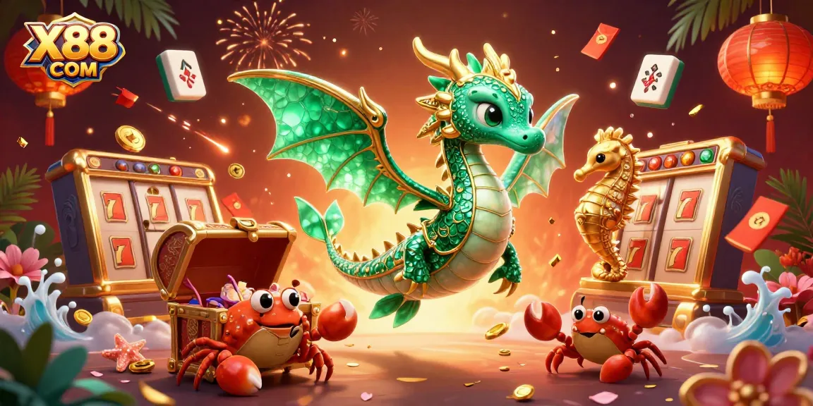 Experience thrilling games at X88 COM with vibrant casino elements and dynamic characters in this stunning illustration.