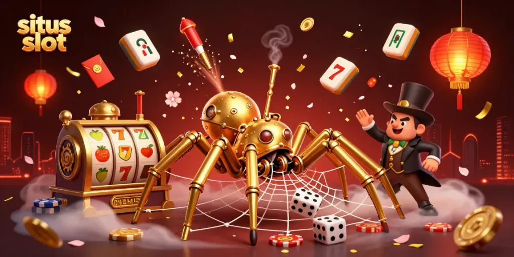 Ilustrasi 3D situs slot memperlihatkan laba-laba keemasan menangkap dadu di jaringnya, dihiasi simbol buah dan jackpot.