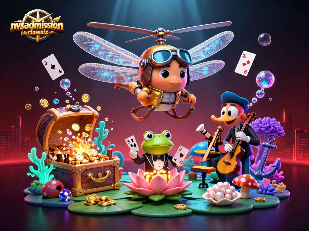 Aviate through nvsadmissionclasssix's dynamic casino scene with a dragonfly pilot and frog croupier.
