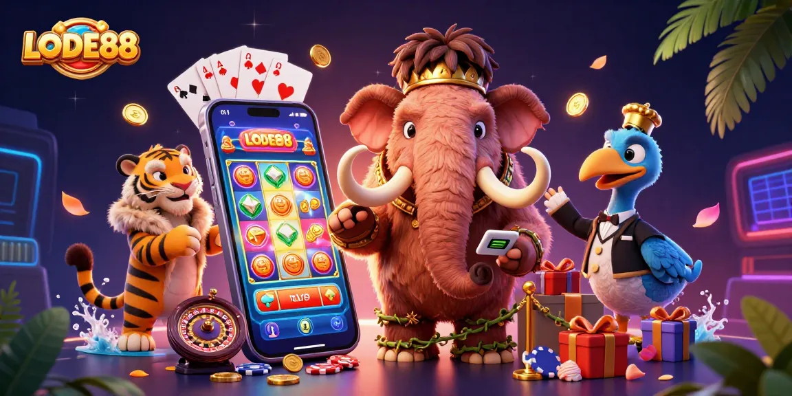 Engage in thrilling gameplay with LODE88, depicted in a vibrant casino scene featuring dynamic characters and gaming elements.