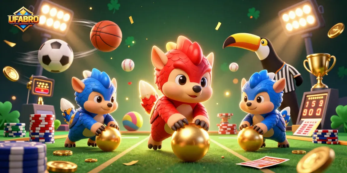 UFABRO offers dynamic betting action with animated pangolins and vibrant sports elements.