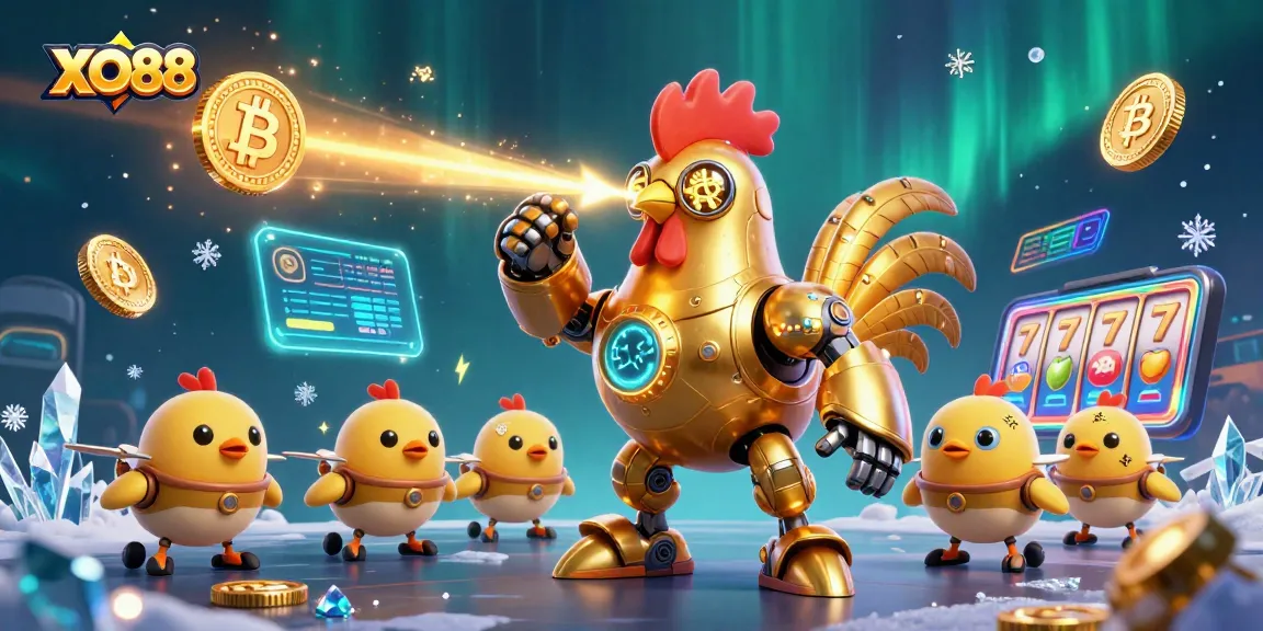Engage in exciting gaming adventures with XO88, featuring a futuristic golden rooster robot and cryptocurrency elements.