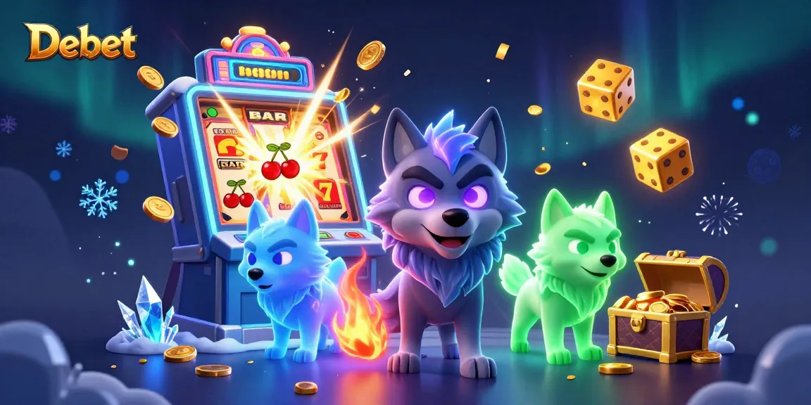 Experience thrilling wins with Debet's dynamic casino scene featuring vibrant slot machines and captivating wolves.